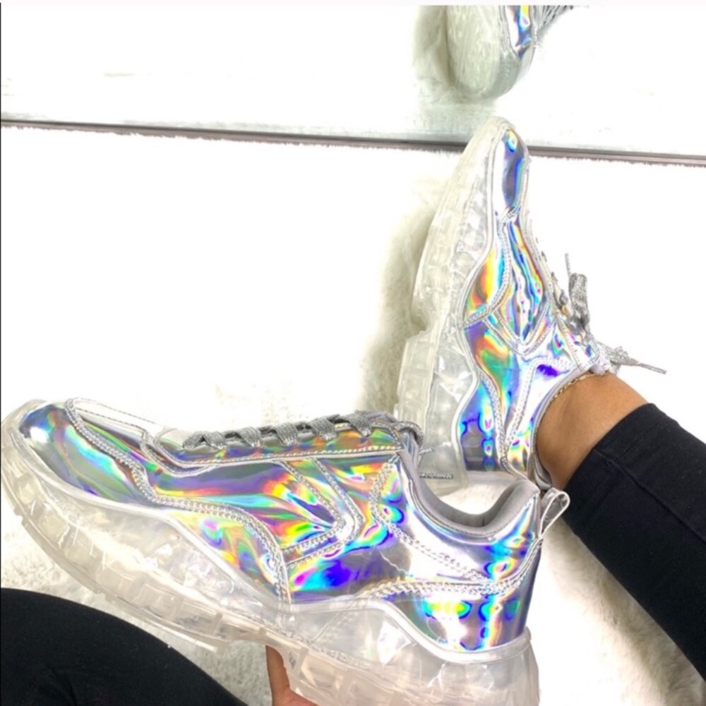 NWT! Silver Holographic Fashion Sneakers w/Shoebox